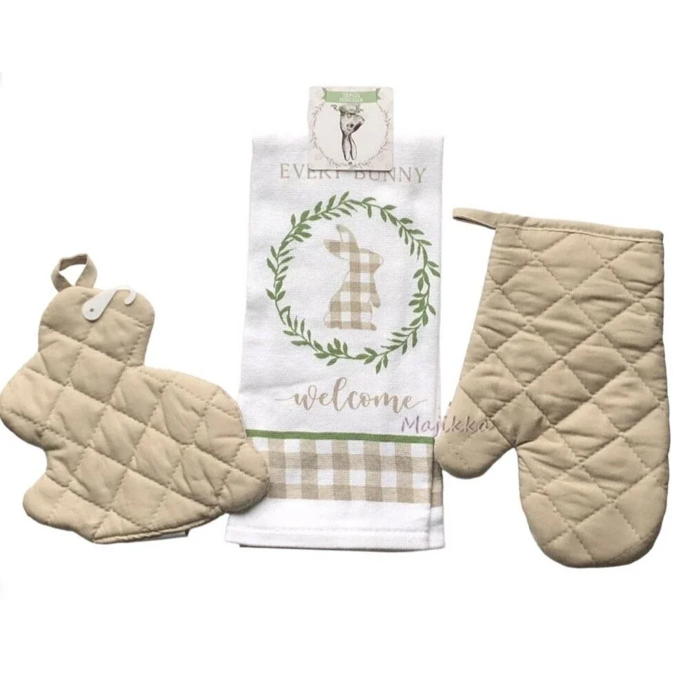 Easter Bunny Kitchen Dish Towel Potholder Oven Mitt Set of 3 Tan Buffalo Check